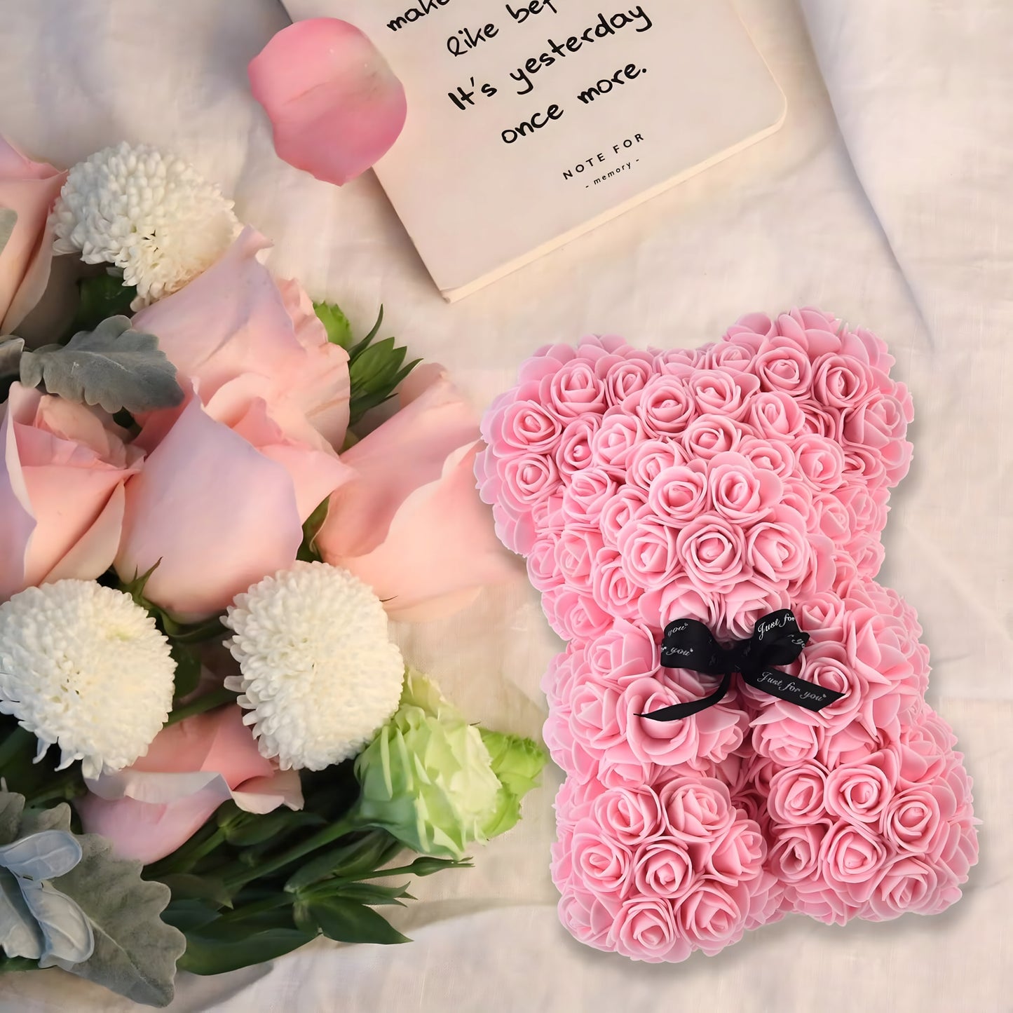 Meškiukas iš rožių LED dovana mamai, merginai, močiutei, amžina rožė, rinkinys 25 cm