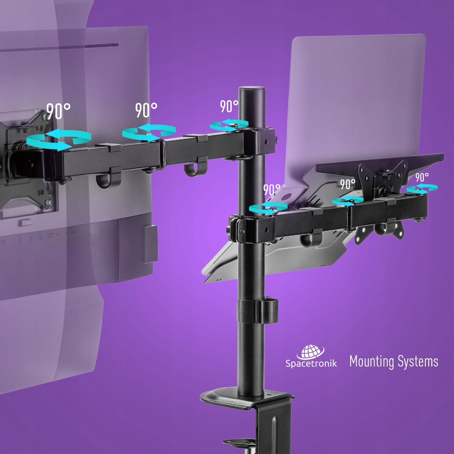 2w1 Monitoriaus ir nešiojamojo kompiuterio laikiklis Spacetronik stalinis VESA dvigubas