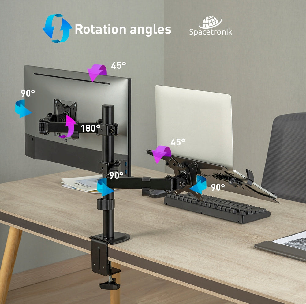 2w1 Monitoriaus ir nešiojamojo kompiuterio laikiklis Spacetronik stalinis VESA dvigubas