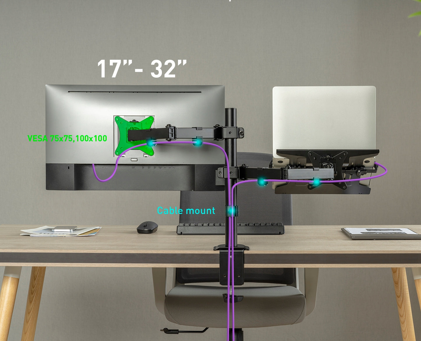 2w1 Monitoriaus ir nešiojamojo kompiuterio laikiklis Spacetronik stalinis VESA dvigubas