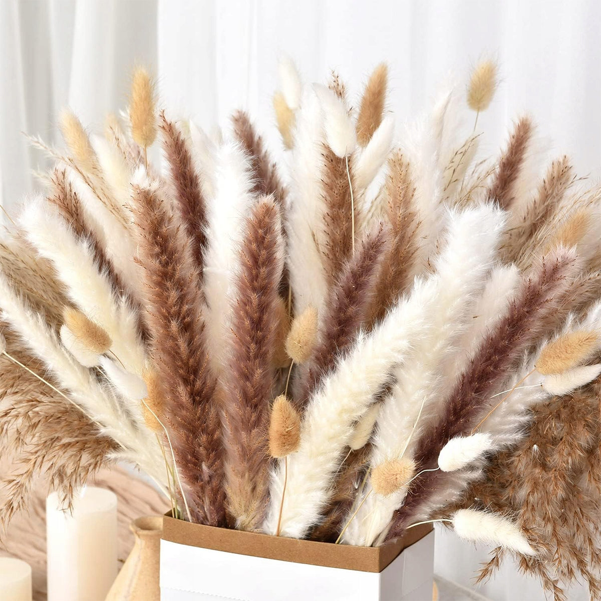 Džiovinta PAMPASŲ žolė dekoratyvinis puokštė vazoje 125 šakelės sausos žolės