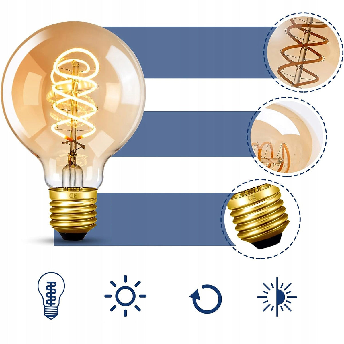 3x DEKORATYVINĖ E27 RETRO Edison G80 kaitinimo lemputė - DŪMINIS STIKLAS - GALINGA