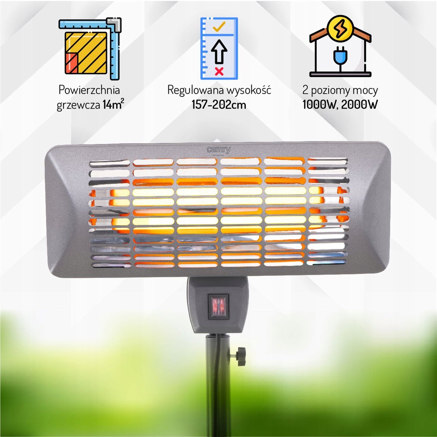 Stojantis šildytuvas IP24 terasai, pavėsinei, balkonui Camry CR 7737 202cm 2000W