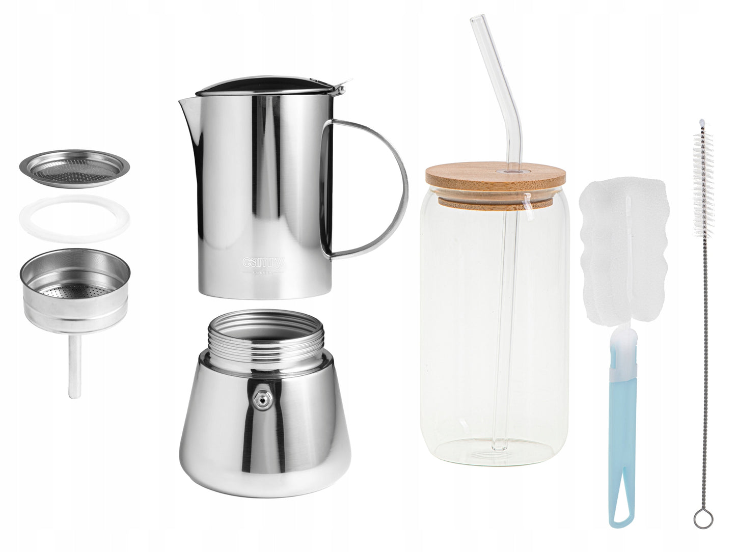 Kavos viryklė 500ml, veikia ant indukcijos ir dujų, plieninė + stiklinė.