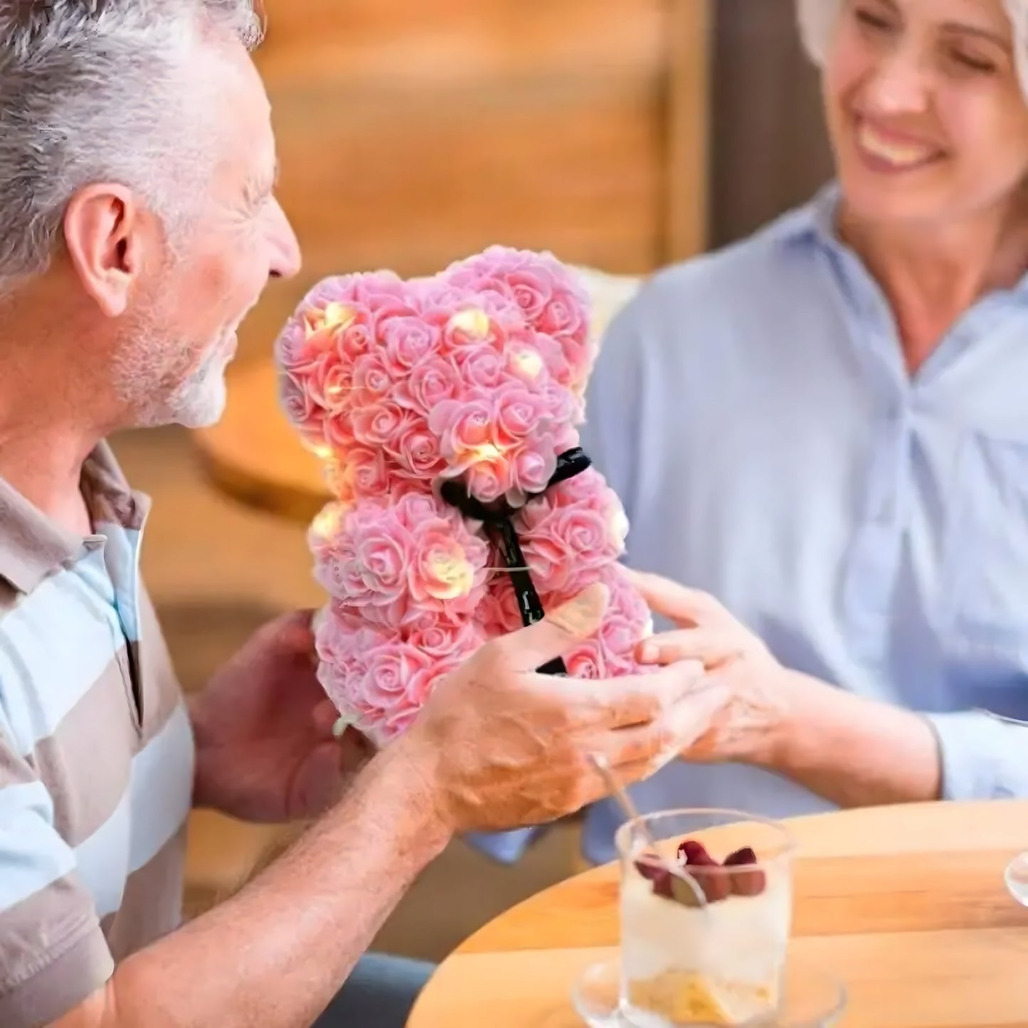 Meškiukas iš rožių LED dovana mamai, merginai, močiutei, amžina rožė, rinkinys 25 cm