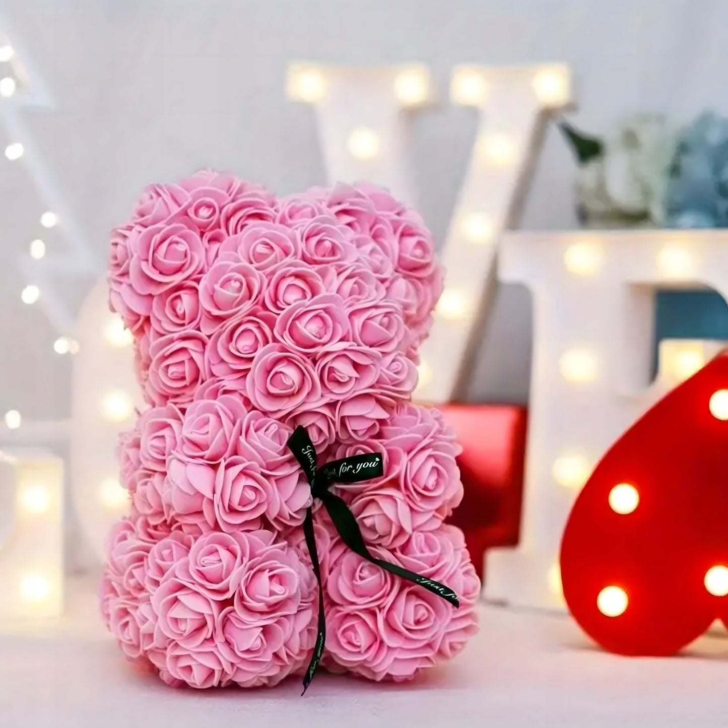 Meškiukas iš rožių LED dovana mamai, merginai, močiutei, amžina rožė, rinkinys 25 cm