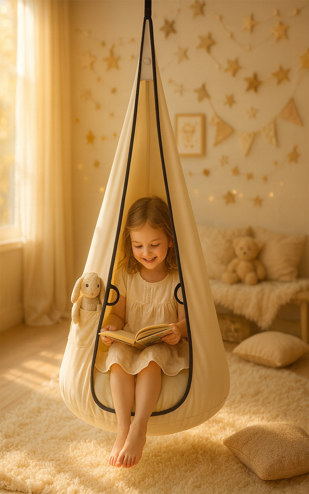 Sūpuoklės KOKON VELVET vaikams, pakabinama kėdė, pakabinamas fotelis SMĖLINĖS