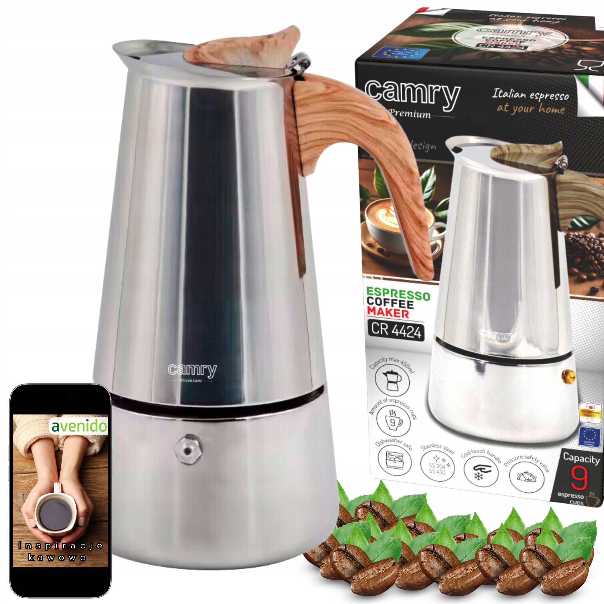 Kavinukas kavos virimo aparatas ESPRESSO, veikia ant indukcijos ir dujų, plieninis, 450ml