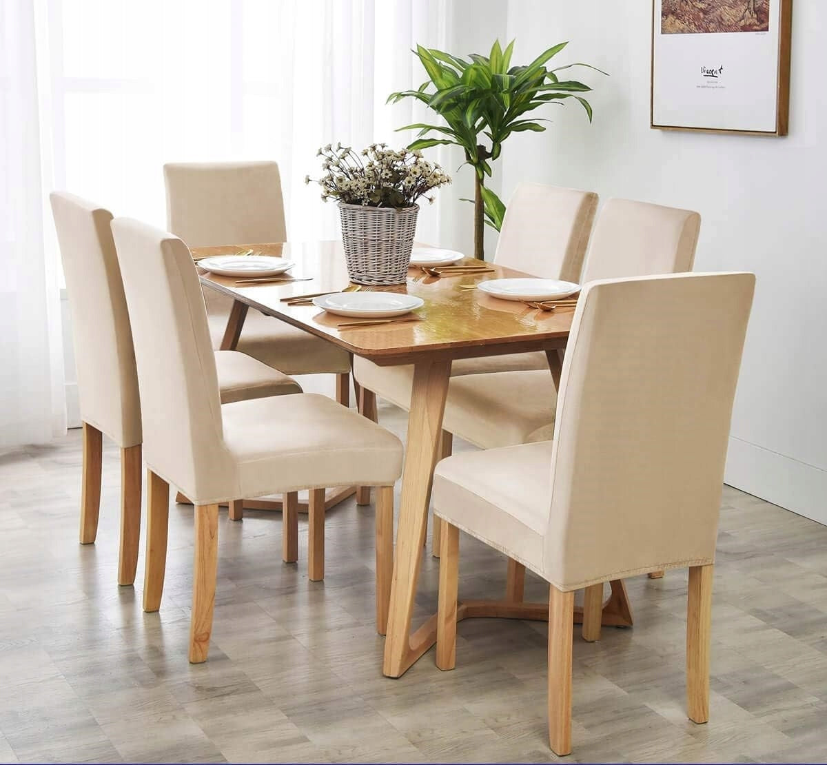 6 VNT. universalios, elastingos, kreminės spalvos kėdžių užvalkalai