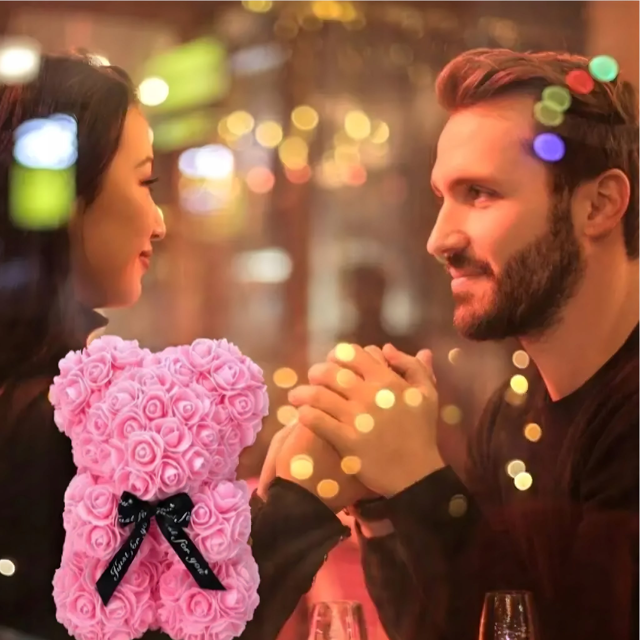 Meškiukas iš rožių LED dovana mamai, merginai, močiutei, amžina rožė, rinkinys 25 cm