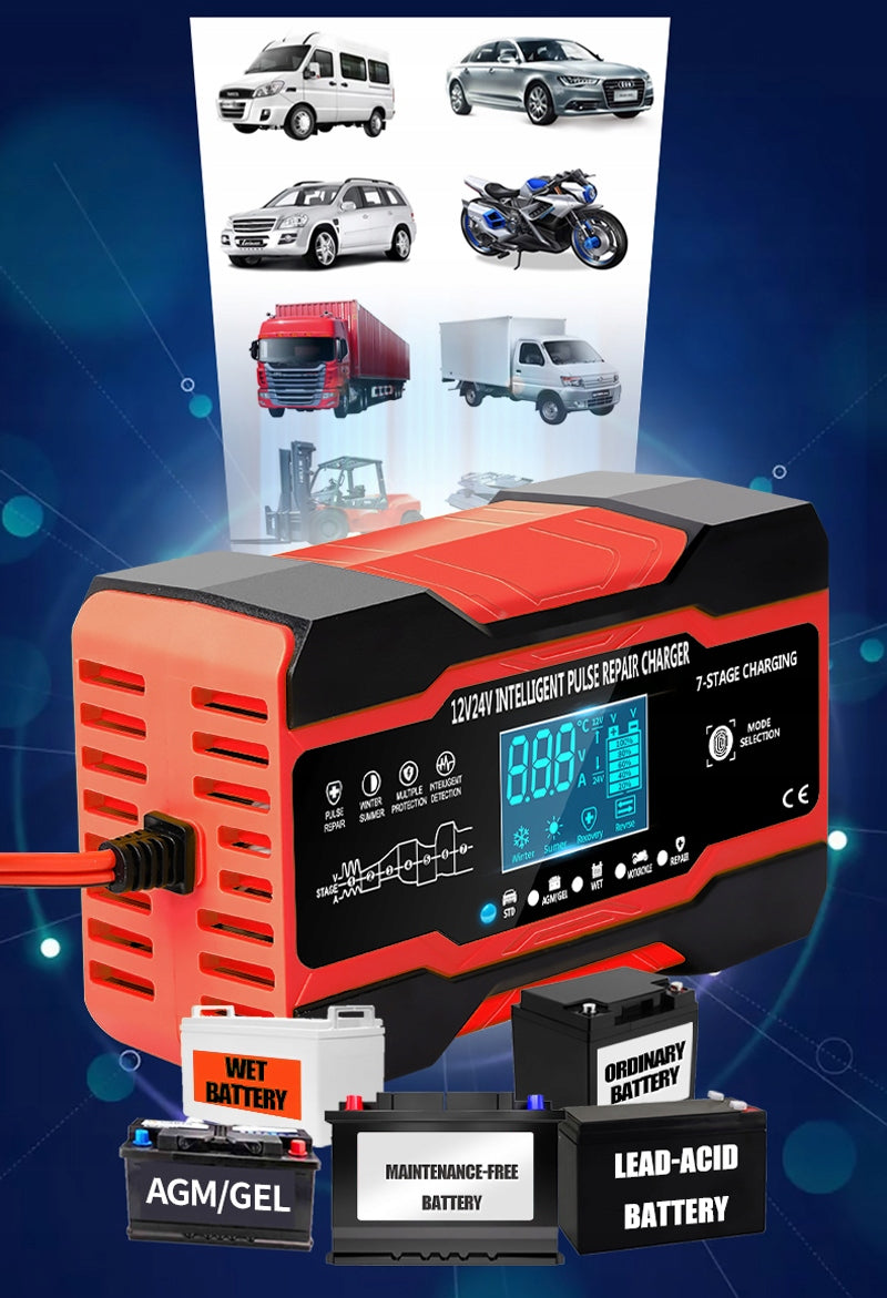 AUTOMATINIS SUMANUS AKUMULIATORIAUS KROVIKLIS Įkroviklis LCD 24V 12V 10A