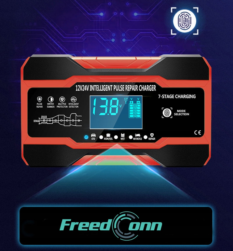 AUTOMATINIS SUMANUS AKUMULIATORIAUS KROVIKLIS Įkroviklis LCD 24V 12V 10A