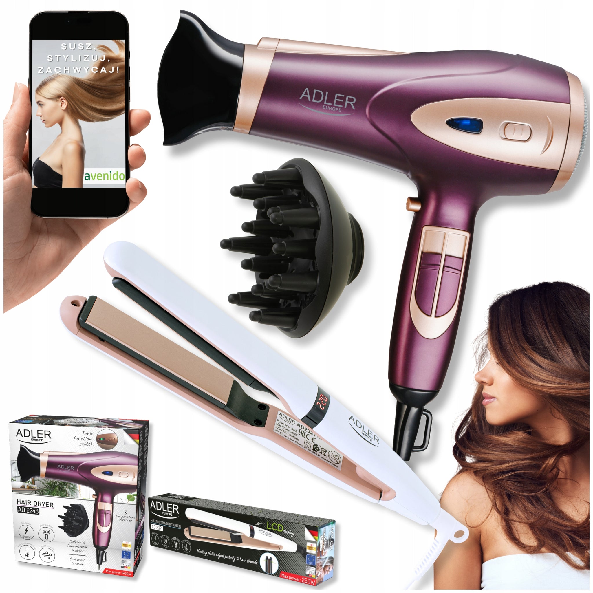 Adler Plaukų džiovintuvas JONIZACIJA 2400W Šaltas oras Difuzorius + Plaukų tiesintuvas