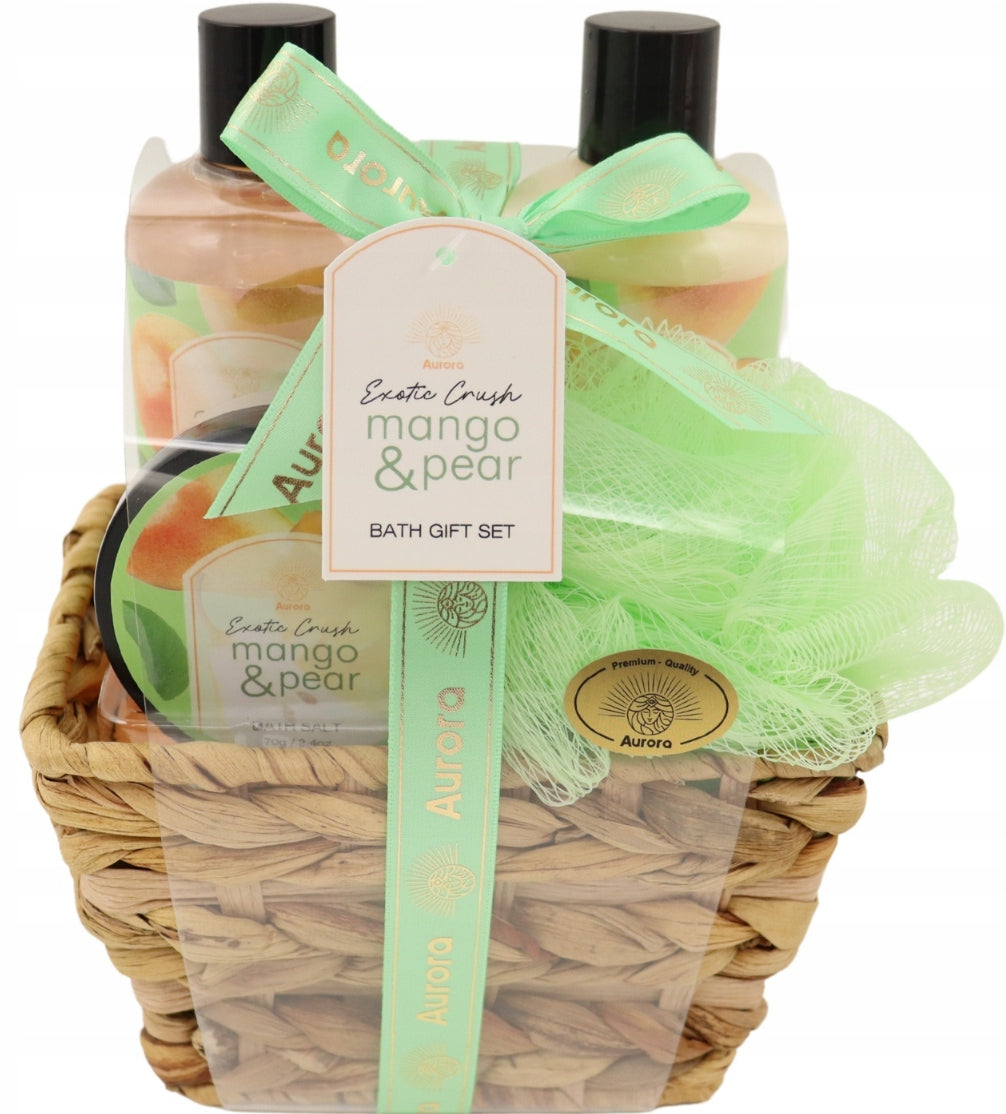 Aurora Dovanų rinkinys 4 kosmetikos priemonės pintame krepšelyje Mango ir kriaušės