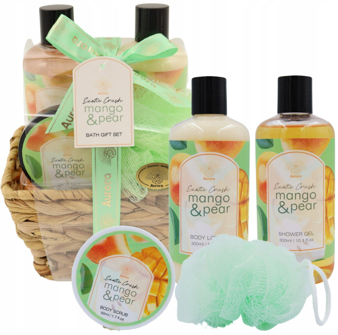 Aurora Dovanų rinkinys 4 kosmetikos priemonės pintame krepšelyje Mango ir kriaušės