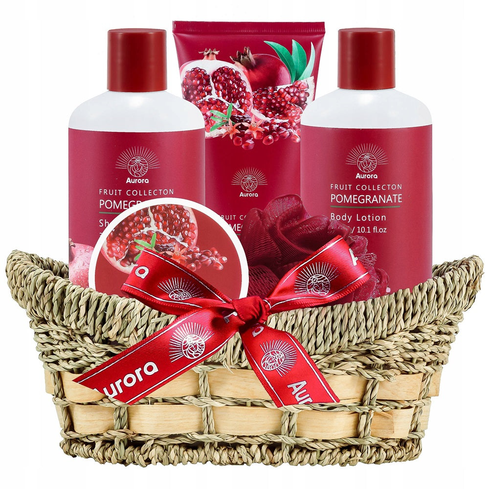 Aurora Dovanų rinkinys 4 kosmetikos priemonės vytelių pintame krepšelyje + prausimosi pirštinė Granatas
