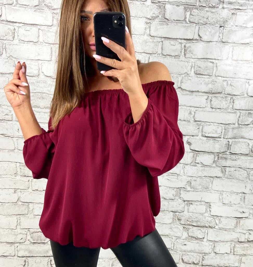 B985 Burgundijos spalvos šifono palaidinė su ispanisku iškirpte, 48 dydžio