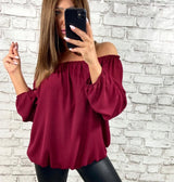 B985 Burgundijos spalvos šifono palaidinė su ispanisku iškirpte, 48 dydžio