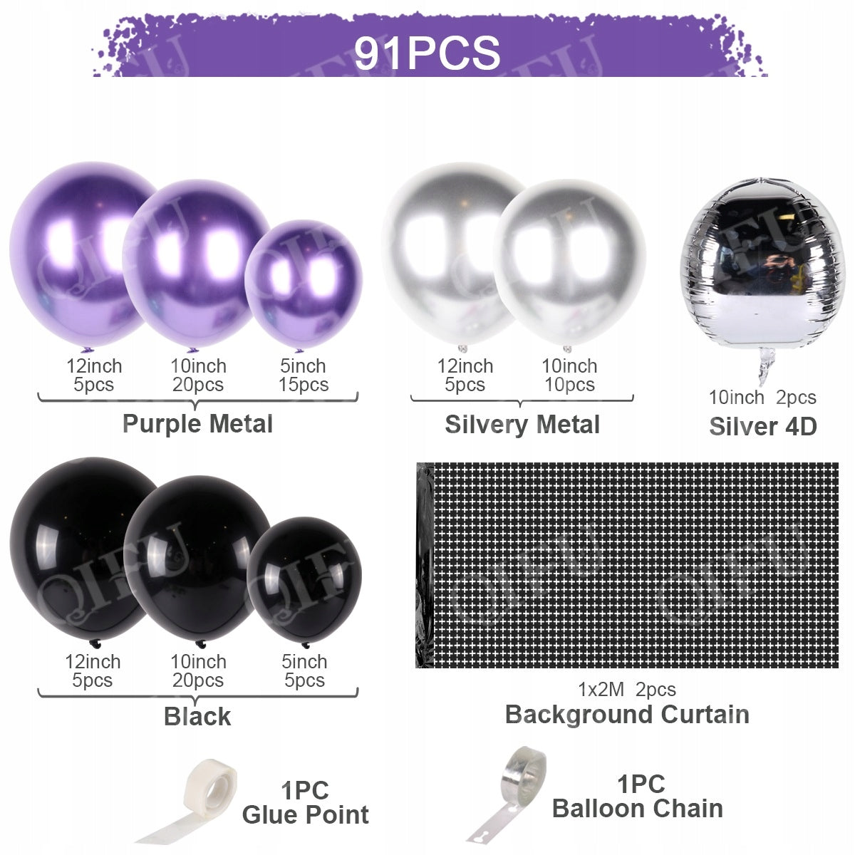 BALIONAI HIMINĖ DEKORACIJA: Violetiniai, juodi, sidabriniai balionai gimtadienio šventei, lankui. vaikams