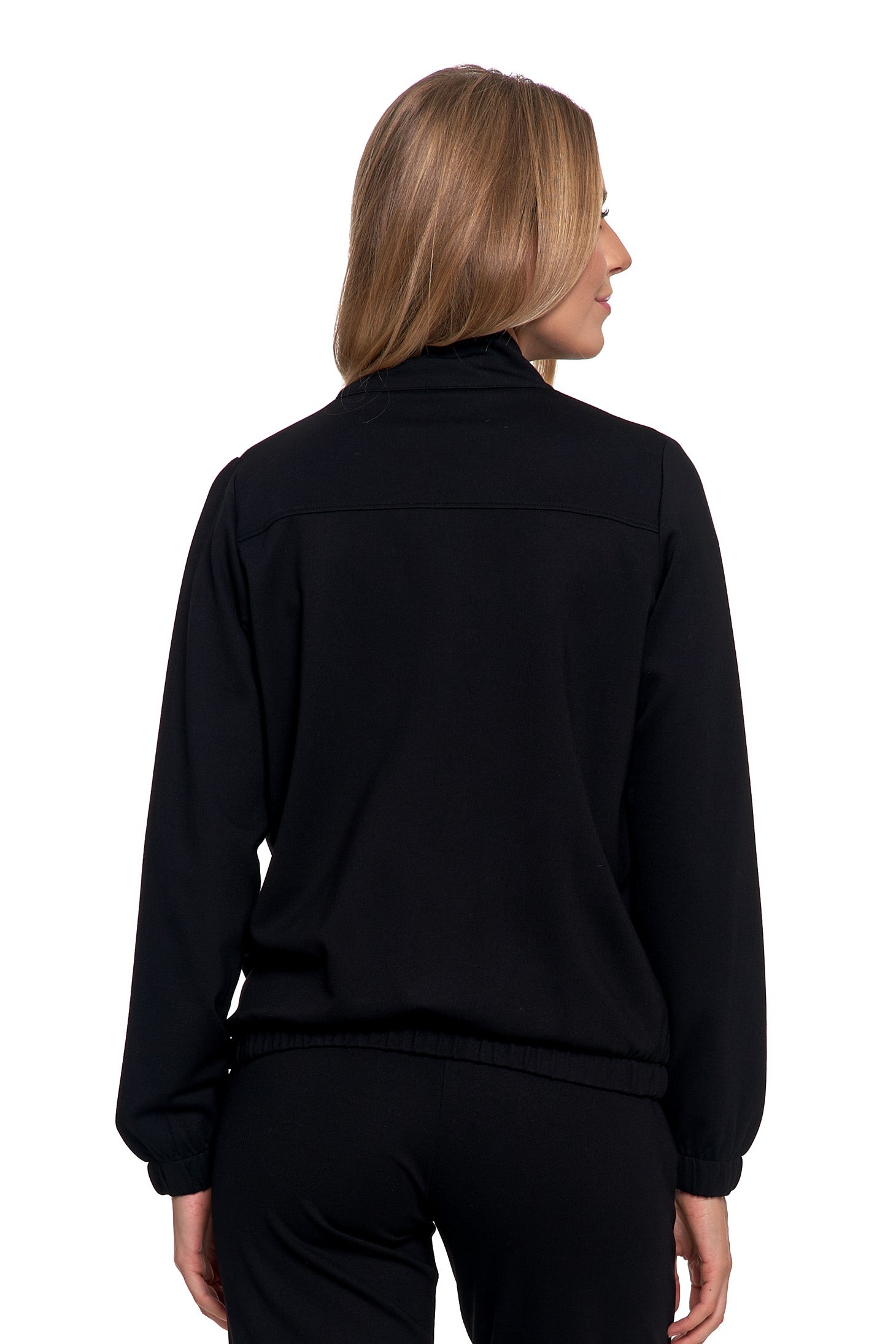 MOTERIŠKAS BOMBER STILIAUS DŽEMPERIS, ATSEGAMAS, VIENOS SPALVOS, SU STOVĖJIMU APKAKLE, BE KAPUČIO, MORAJ L