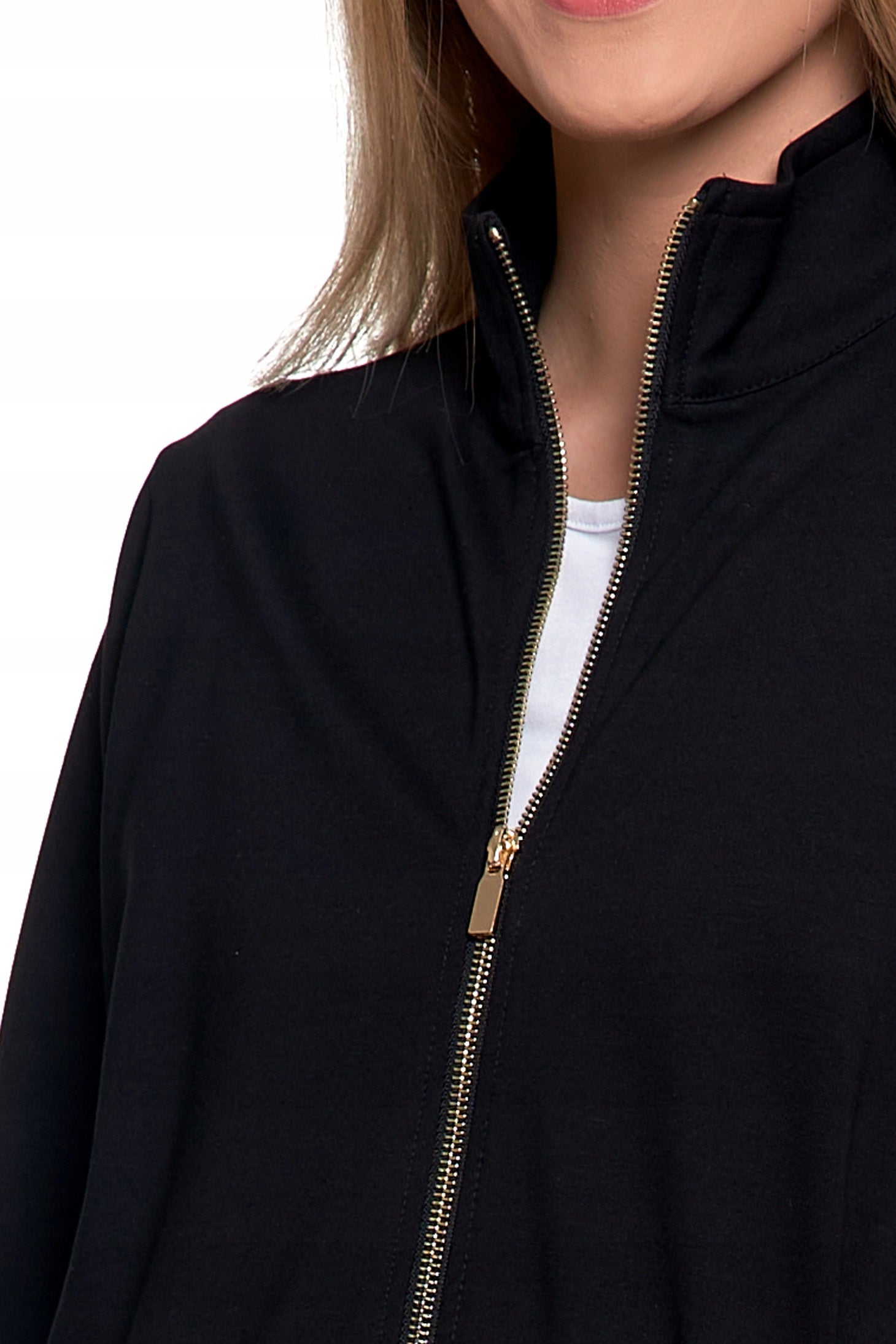 MOTERIŠKAS BOMBER STILIAUS DŽEMPERIS, ATSEGAMAS, VIENOS SPALVOS, SU STOVĖJIMU APKAKLE, BE KAPUČIO, MORAJ L