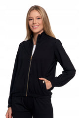 MOTERIŠKAS BOMBER STILIAUS DŽEMPERIS, ATSEGAMAS, VIENOS SPALVOS, SU STOVĖJIMU APKAKLE, BE KAPUČIO, MORAJ L