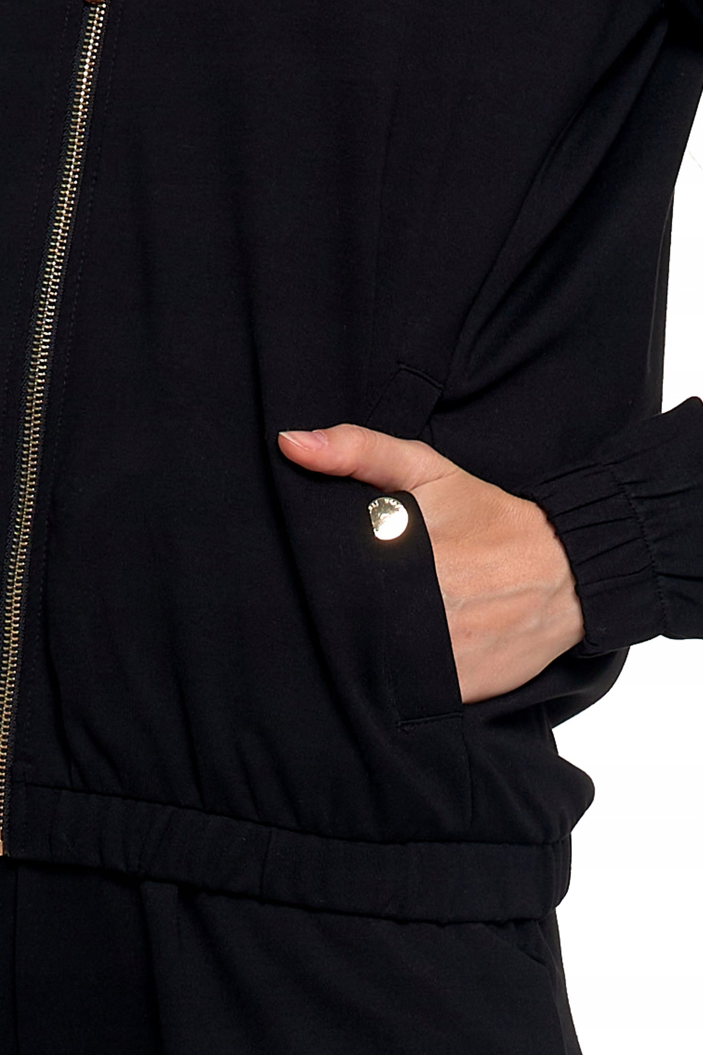 MOTERIŠKAS BOMBER STILIAUS DŽEMPERIS, ATSEGAMAS, VIENOS SPALVOS, SU STOVĖJIMU APKAKLE, BE KAPUČIO, MORAJ L