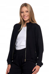 MOTERIŠKAS BOMBER STILIAUS DŽEMPERIS, ATSEGAMAS, VIENOS SPALVOS, SU STOVĖJIMU APKAKLE, BE KAPUČIO, MORAJ L