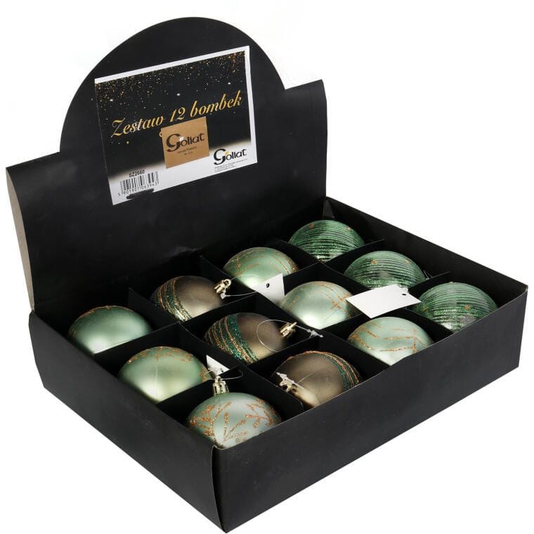 Plastikiniai Kalėdiniai burbulai 12 vnt. 8 cm žalių spalvų mišinys Kalėdoms ant eglutės, puošybai