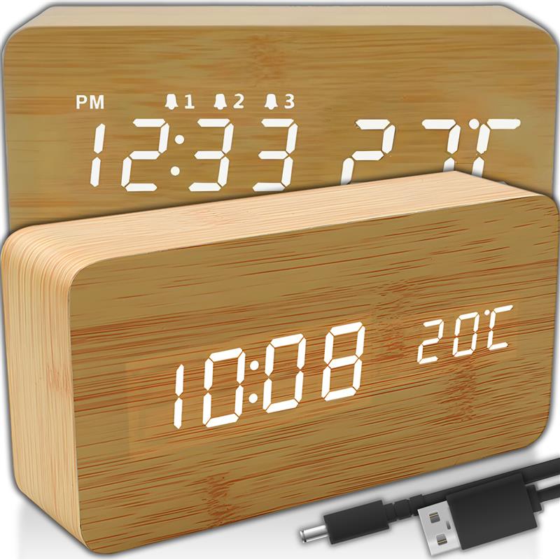 Elektroninis žadintuvas su medžio imitacija, laikrodis, termometras, data RETOO