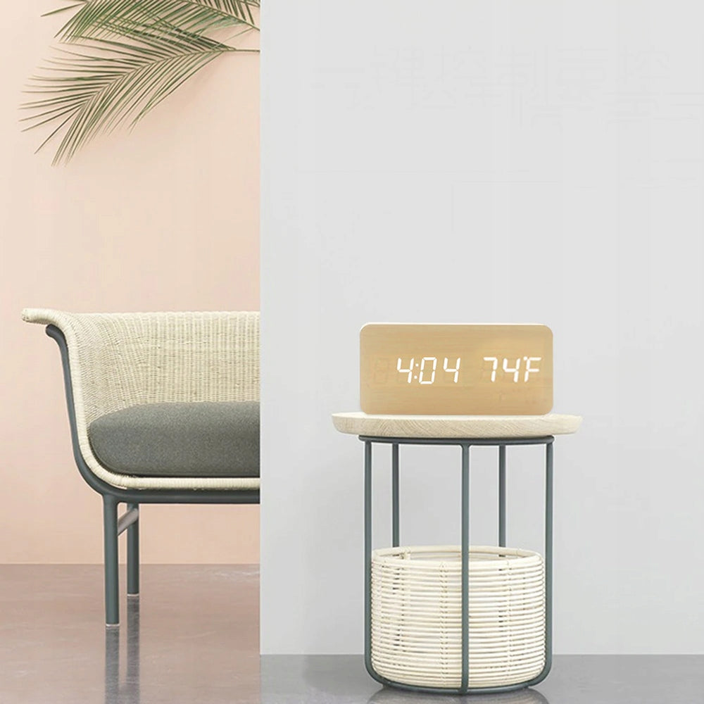 Elektroninis žadintuvas su medžio imitacija, laikrodis, termometras, data RETOO