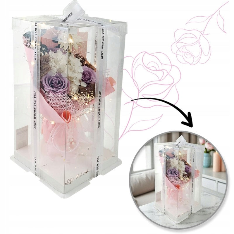 KVAPNIŲ MUILINIŲ GĖLIŲ PUOKŠTĖ PAPUOŠTOJE DĖŽUTĖJE ŠVIEČIANTI