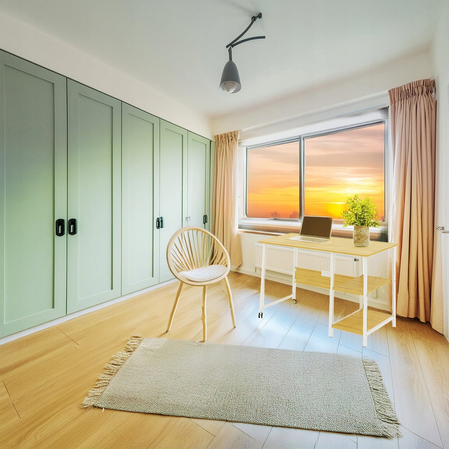 Sulankstomas loftinio stiliaus rašomasis stalas, baltas su šviesaus buko spalvos stalviršiu ir lentynomis 107x45x75cm