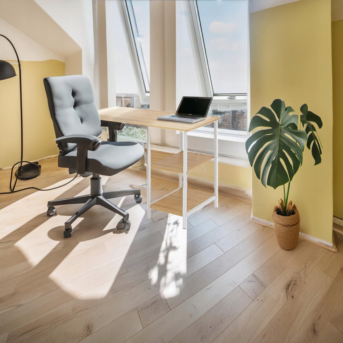 Sulankstomas loftinio stiliaus rašomasis stalas, baltas su šviesaus buko spalvos stalviršiu ir lentynomis 107x45x75cm