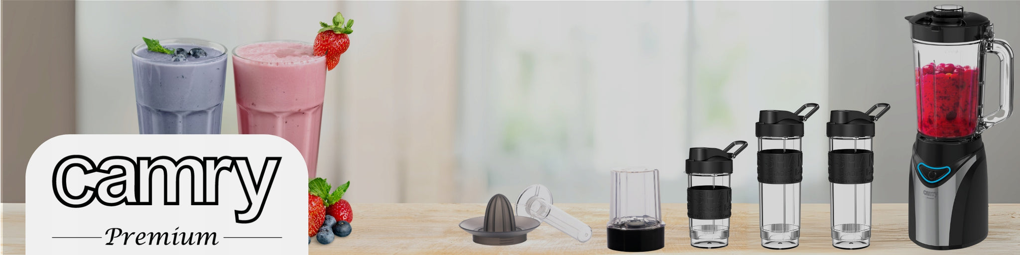 Virtuvinis stiklinis blenderis su 3 ąsotėliais, smulkintuvu, sulčiaspaude ir ledo smulkinimo funkcija