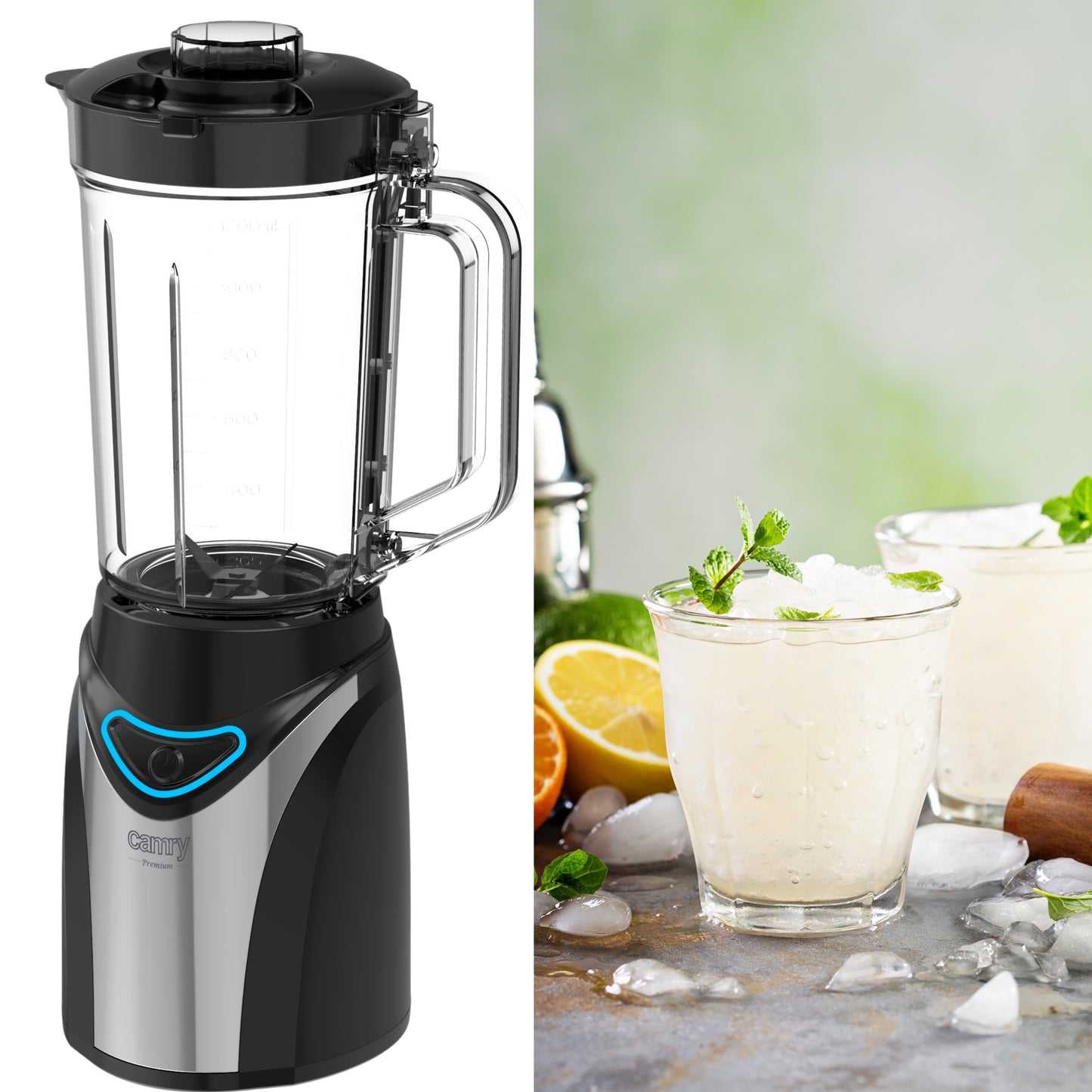 Virtuvinis stiklinis blenderis su 3 ąsotėliais, smulkintuvu, sulčiaspaude ir ledo smulkinimo funkcija