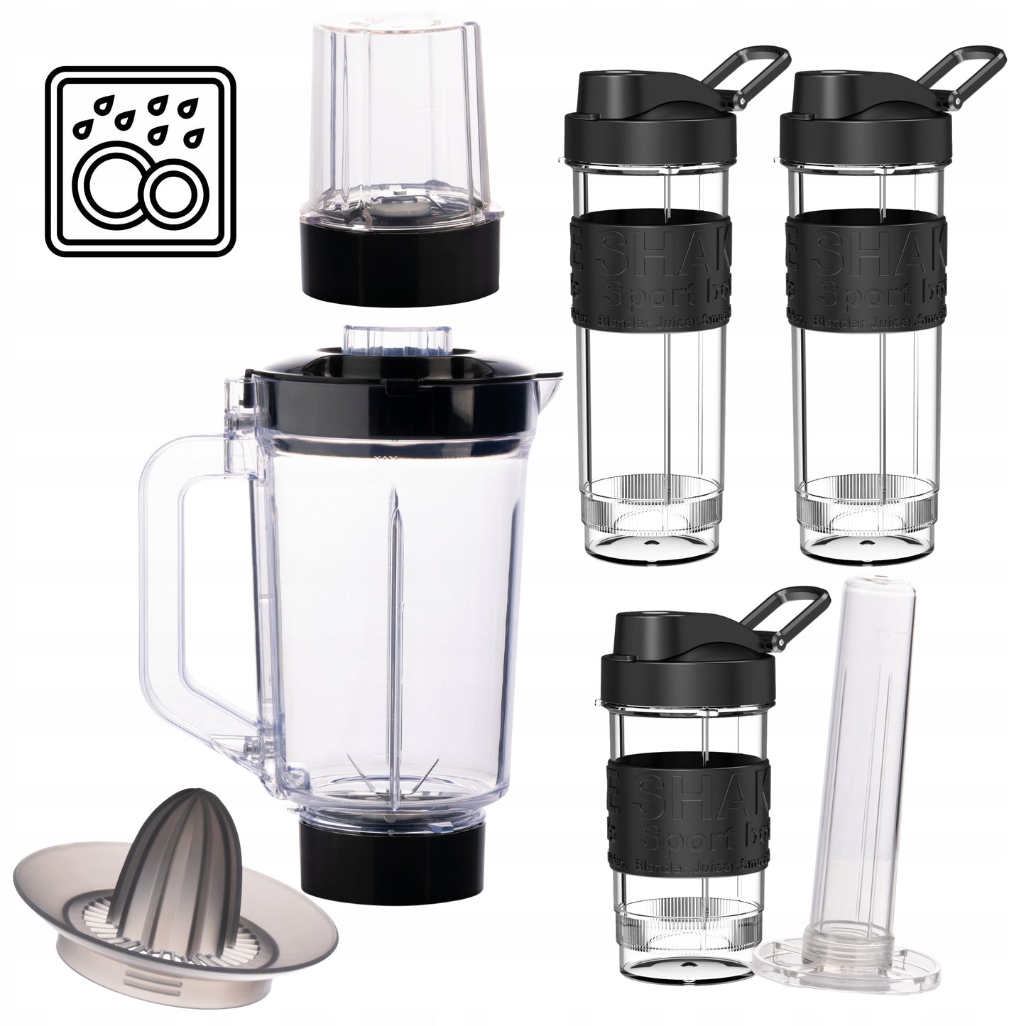 Virtuvinis stiklinis blenderis su 3 ąsotėliais, smulkintuvu, sulčiaspaude ir ledo smulkinimo funkcija