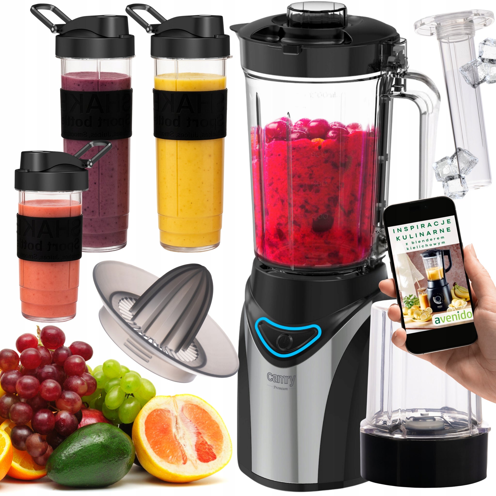 Virtuvinis stiklinis blenderis su 3 ąsotėliais, smulkintuvu, sulčiaspaude ir ledo smulkinimo funkcija