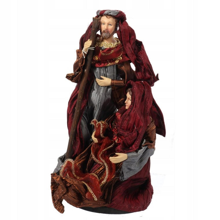 Bordo spalvos Šventosios Šeimos figurėlė iš lininio audinio 25cm Kalėdinė puošmena