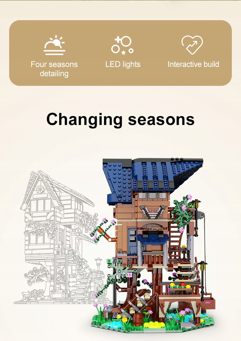 CADA Konstrukcinės kaladėlės 4in1 Keturi metų laikai, Didelis namelis ant medžio su LED, 1155 detalės