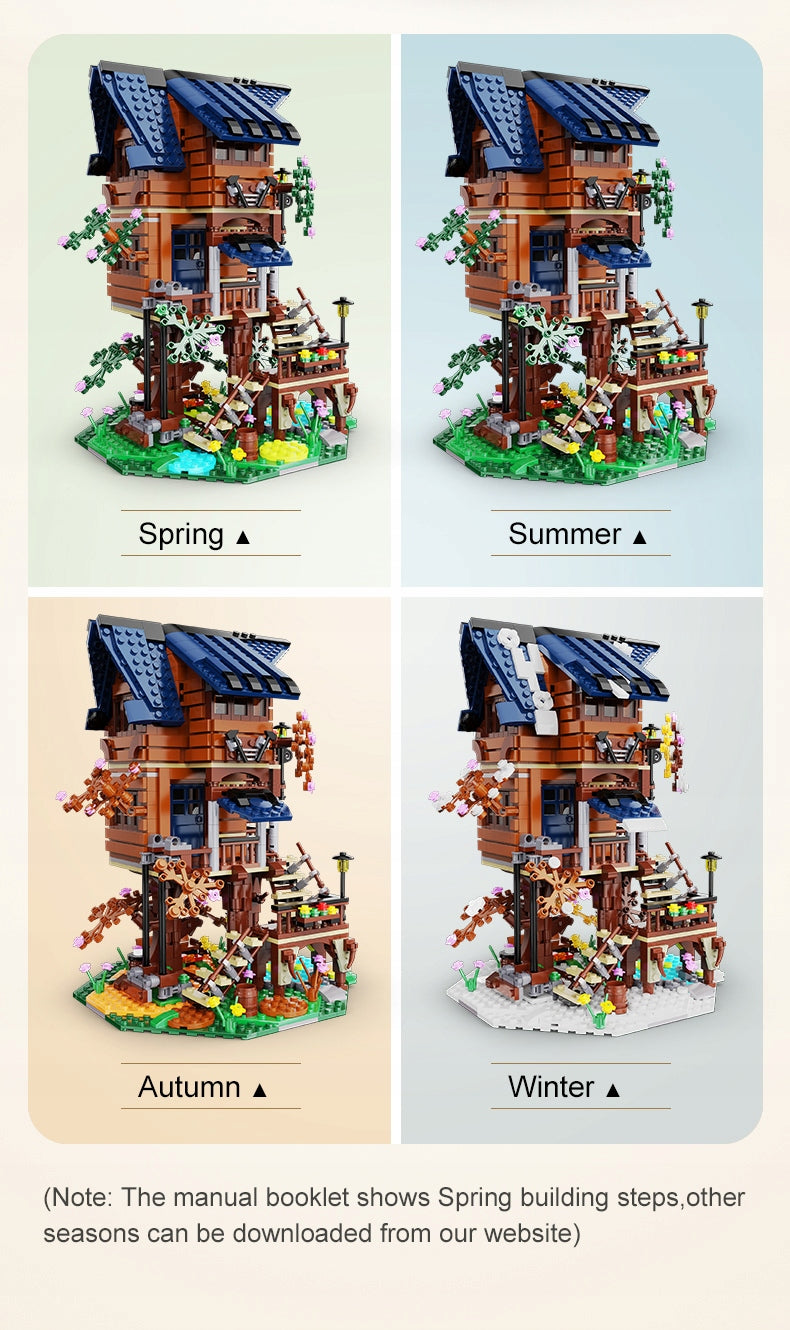 CADA Konstrukcinės kaladėlės 4in1 Keturi metų laikai, Didelis namelis ant medžio su LED, 1155 detalės