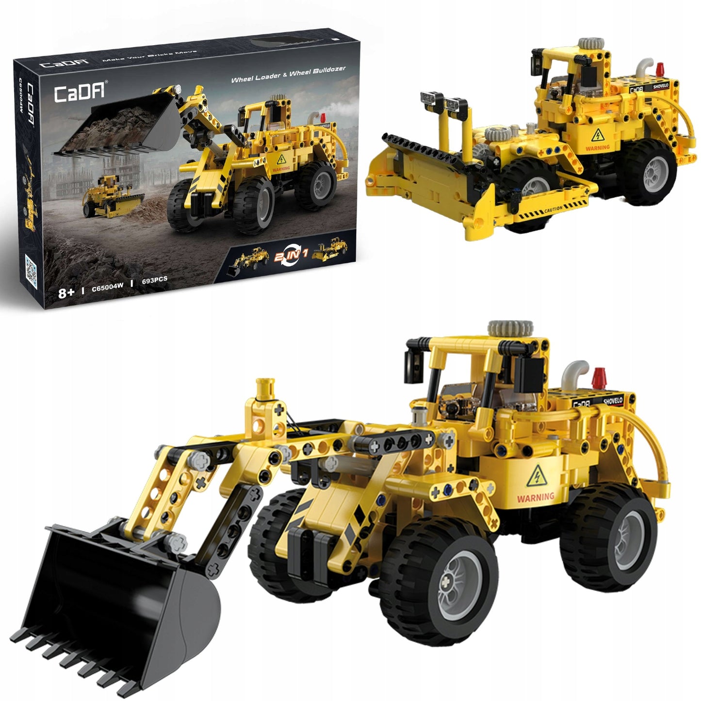 CADA KONSTRUKCINIAI BLOKELIAI STATYBINIS TRANSPORTO MODELIS 2 IN 1 KROVĖJAS BULDOZERIS STUMTUVAS 693 ELEMENTAI