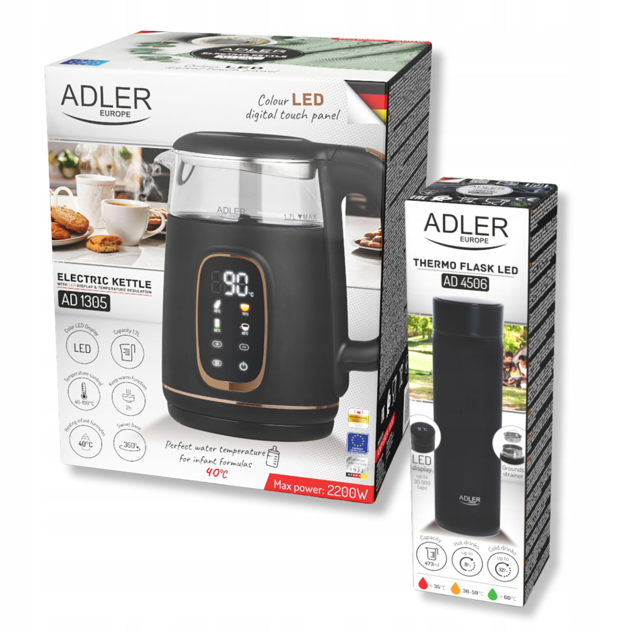 Elektrinis stiklinis virdulys 1,7 L su temperatūros reguliavimu, juodas + LCD Termosas