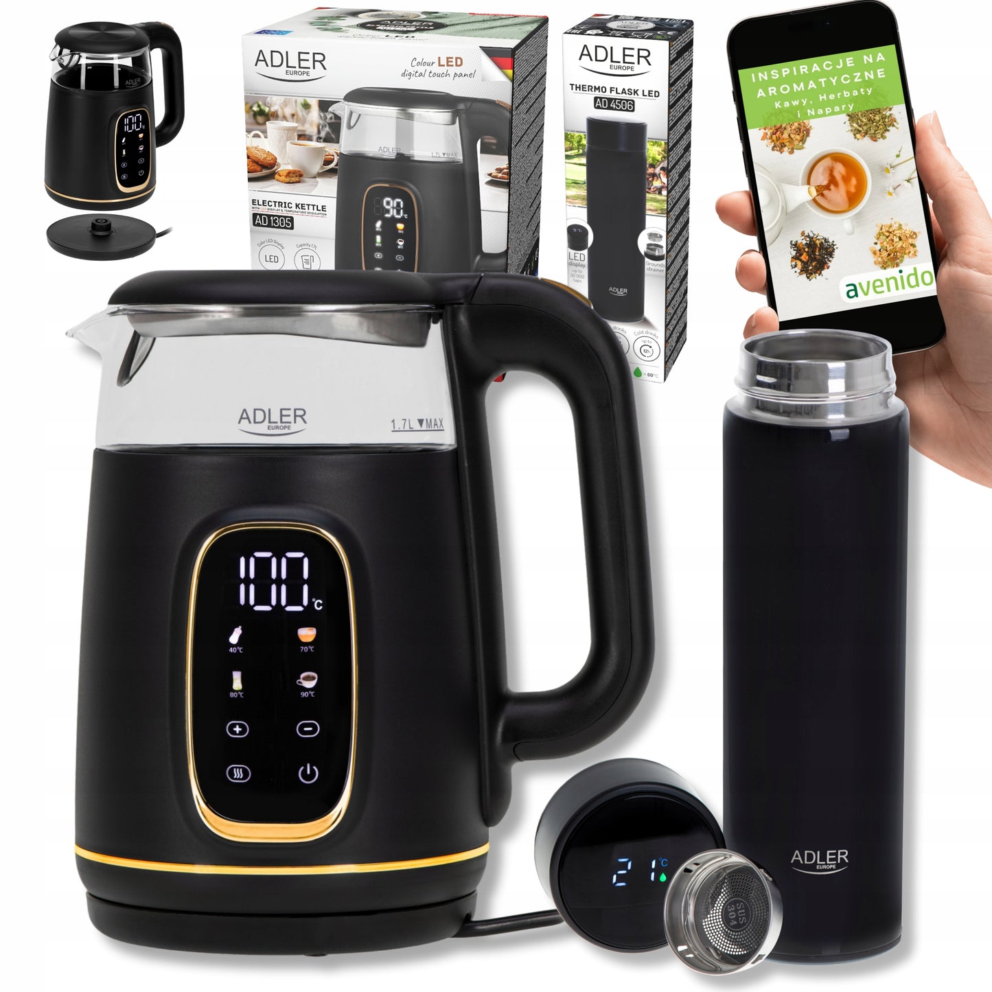 Elektrinis stiklinis virdulys 1,7 L su temperatūros reguliavimu, juodas + LCD Termosas