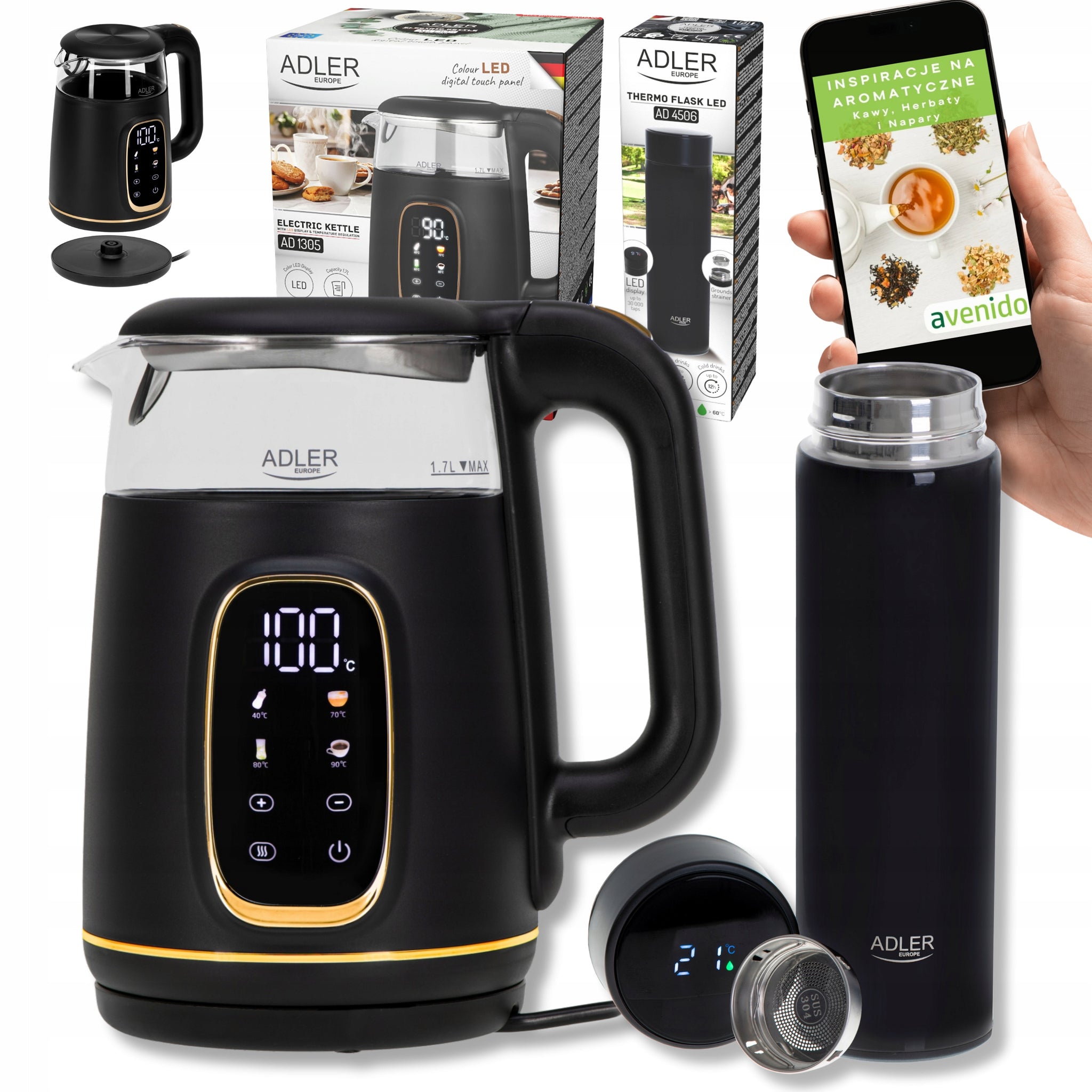 Elektrinis stiklinis virdulys 1,7 L su temperatūros reguliavimu, juodas + LCD Termosas