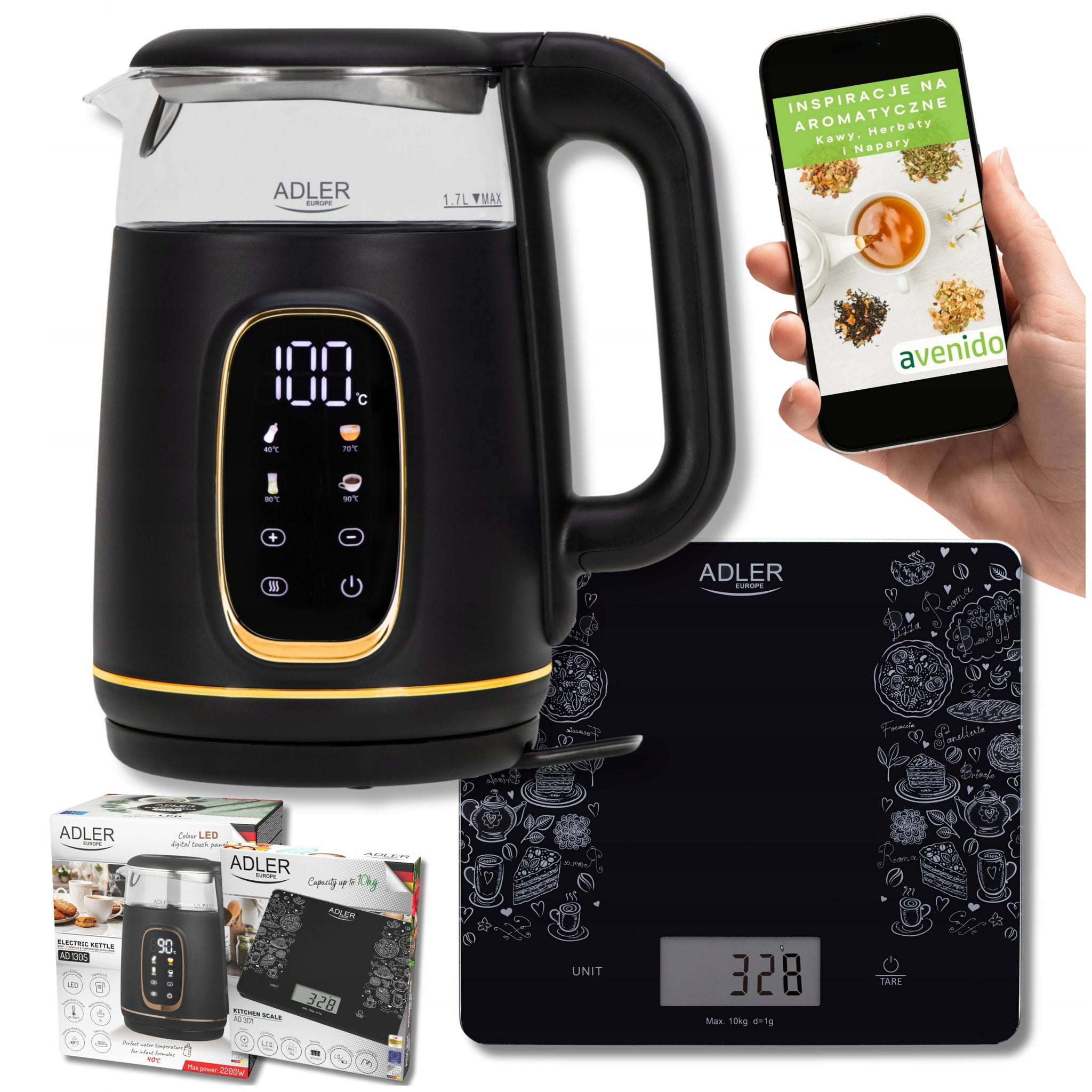 Elektrinis stiklinis virdulys 1,7 L, temperatūros reguliavimas, juodas + stiklinė svarstyklė