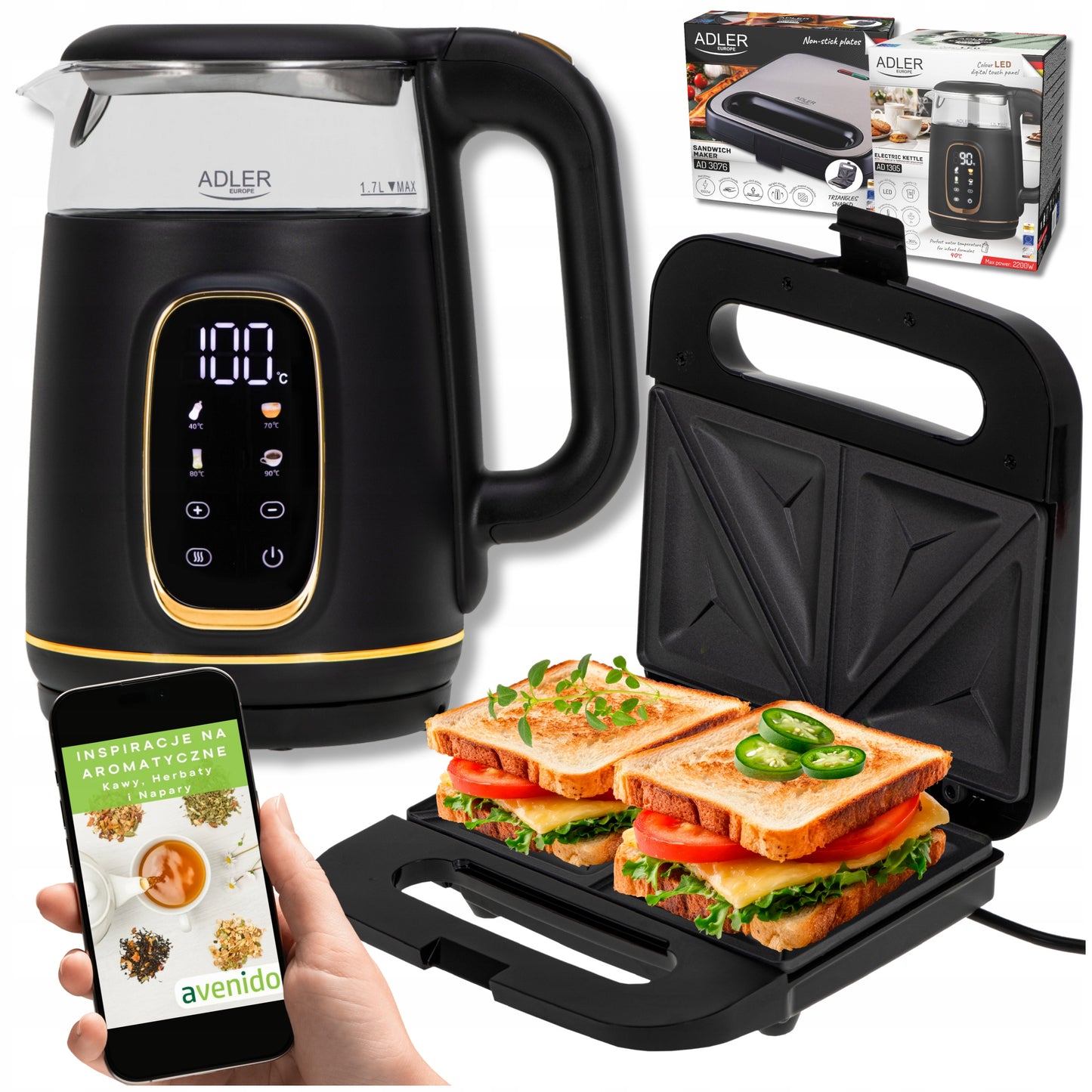 Elektrinis stiklinis virdulys 1,7 L su temperatūros reguliavimu + Skrudintuvas