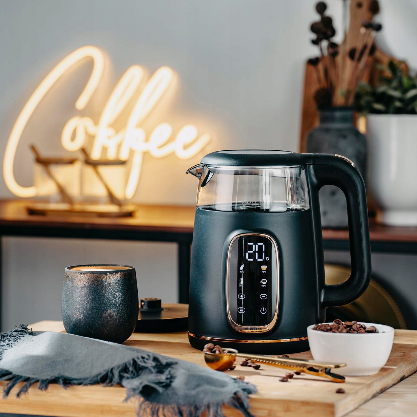 Elektrinis stiklinis virdulys su temperatūros reguliavimu, 1,7 L, juodas, virtuvei