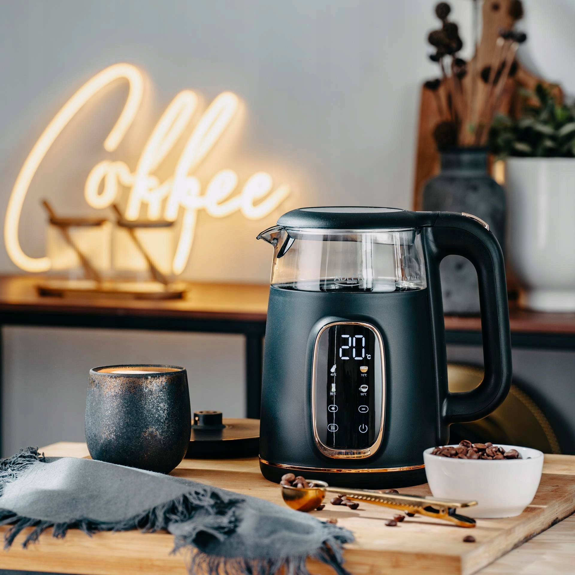 Elektrinis stiklinis virdulys su temperatūros reguliavimu, 1,7 L, juodas, virtuvei