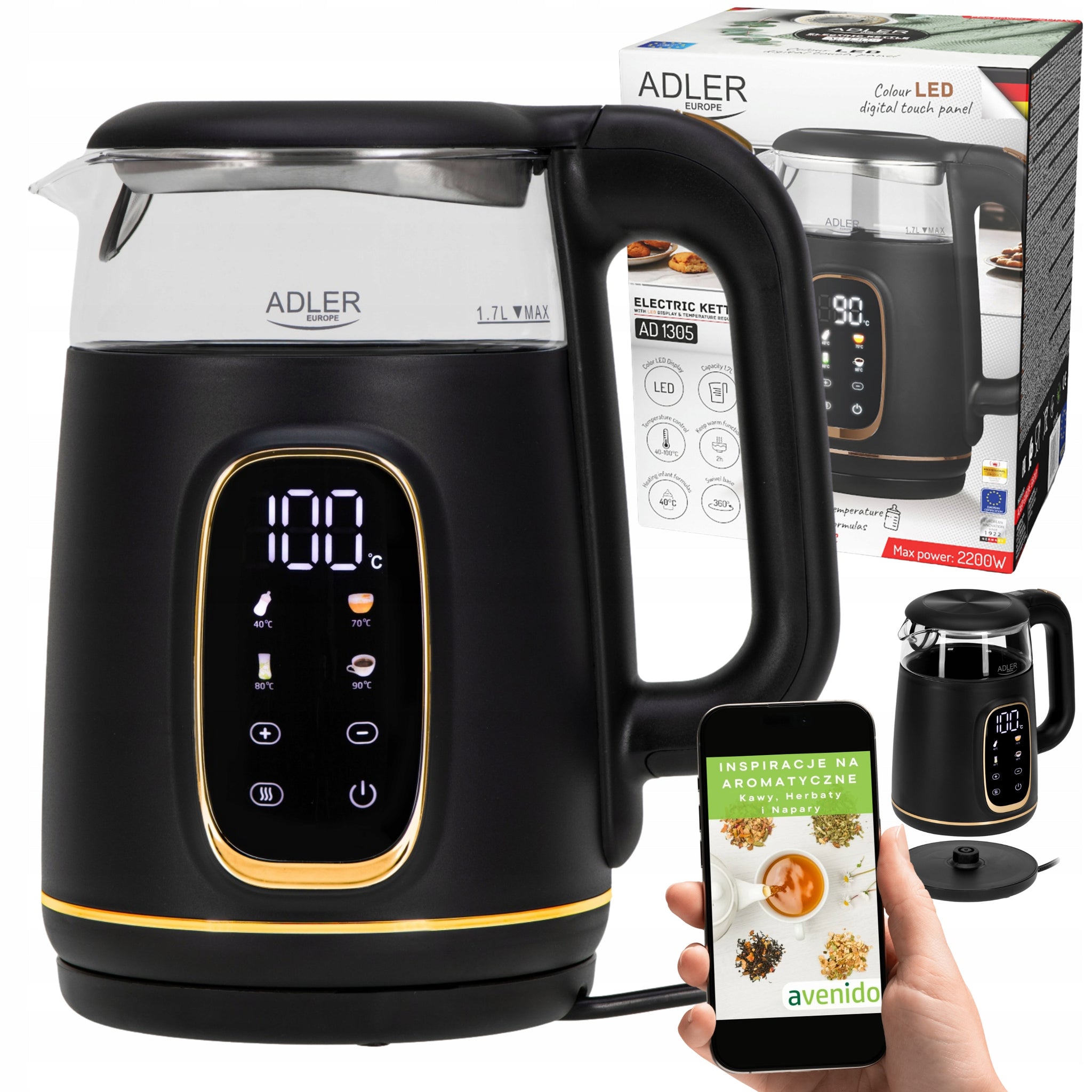 Elektrinis stiklinis virdulys su temperatūros reguliavimu, 1,7 L, juodas, virtuvei